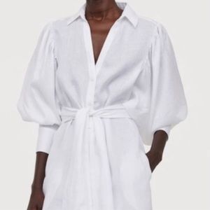 Johanna Ortoz H&M white linen shirt dress belted puff bubble sleeves Sz XS